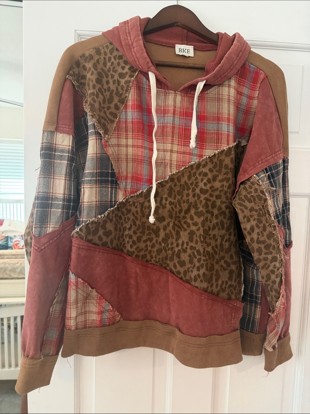 BKE Patchwork Cowl Hoodie in Rust, Plaid & Leopard